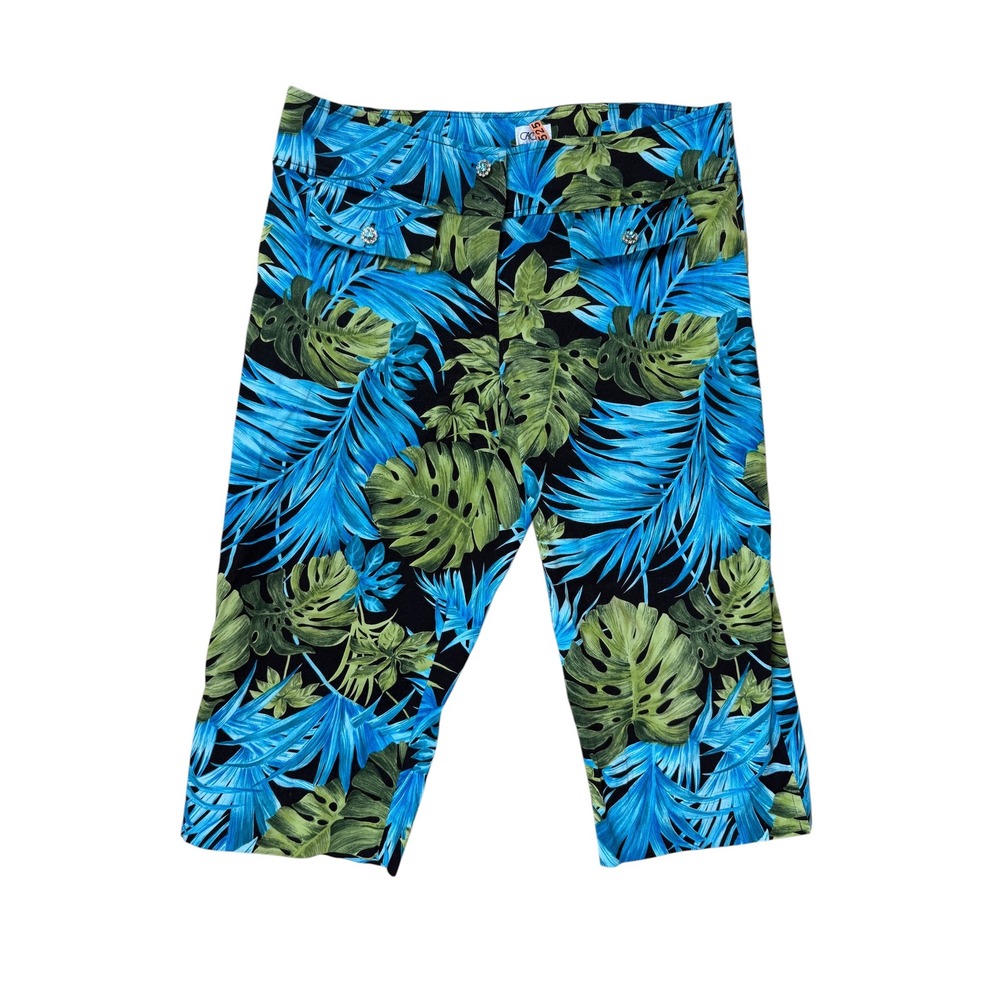 Cache 8 Capri Pants Tropical Monstera Palm Leaf Cotton Rhinestone Button